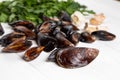 Cook ingredients - fresh raw mussels with parsley and garlic