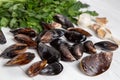 Cook ingredients - fresh raw mussels with parsley and garlic