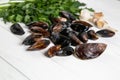 Cook ingredients fresh raw mussels with parsley and garlic