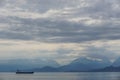 Cook Inlet, Alaska: A freighter crosses Cook Inlet