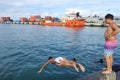 Cook Islanders youth hang out in Port of Avatiu Rarotonga Cook I