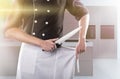 Cook with knifes with kitchen on background, front view. 3D rendering and photo. High resolution. Royalty Free Stock Photo