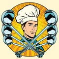 Cook and ladles stylized pop art retro icon