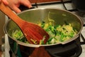 Cook leeks in a saucepan Royalty Free Stock Photo