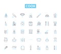 Cook linear icons set. Saute, Grill, Bake, Simmer, Fry, Roast, Stir-fry line vector and concept signs. Charbroil,Poach