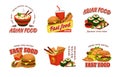 Cook logo, asian wok, sandwich and hamburger, hot dog with sausage, fast food logotype design. Pan chinese restaurant