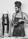 Cook master class. Man and girl on kitchen Royalty Free Stock Photo