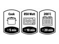 Cook minutes vector icon. minutes cooking in boiling saucepan, microwave watt and oven cooker temperature, food cook