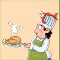 The cook in a pan with chicken and lobster in head Color illustration humorist