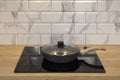 Cook pan at modern kitchen induction cooker hob and wooden counter and white tile backsplash Royalty Free Stock Photo