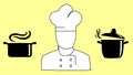 A cook with pans on a yellow background