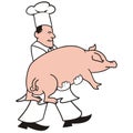 Cook and pig, man carries a pig, cartoon, vector illustration