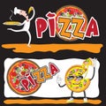 Cook pizza. Smiling Italian chef with a pizza in hand. Vector template with cartoon character