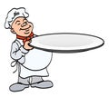 cook with a plate - chef holding a big empty tray, cartoon color vector illustration