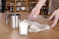 Homemade cakes. The cook prepares the ingredients for making a pie.