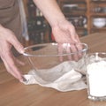 Homemade cakes. The cook prepares the ingredients for making a pie.