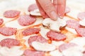 Cook putting mushroom over mozzarella and salami on a raw pizza