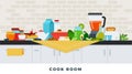 Cook room with healthy breakfast. Vector flat illustrations. Healthy eating concept. Royalty Free Stock Photo