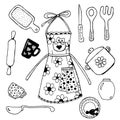 Cook`s apron and cooking utensils. Kettle, cup, plate, spoon, fork, knife, pot, can. Hand drawn  illustration Royalty Free Stock Photo