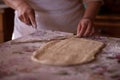 Cook's hands kneading dough for cakes. Preparing the flour for leavening Royalty Free Stock Photo