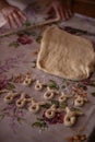 Cook\'s hands kneading dough for cakes. Preparing the flour for leavening Royalty Free Stock Photo