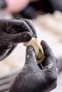 Cook sculpts dumplings. Production of dumplings and ravioli with various fillings