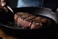 Cook Searing Tender Steak On Castiron Skillet Closeup. Generative AI