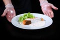 The cook serves a prepared fish dish. Salmon in creamy caviar sauce on a white plate. Lettuce leaves. Photo on a black background Royalty Free Stock Photo