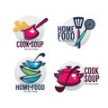 Cook soup and home food, vector collection of bowl full of tasty