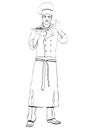 Cook standing front side, coloring, vector outline portrait male chef full-length, black and white painted human in a chef s form, Royalty Free Stock Photo
