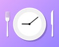 Cook time logo badge, eat plate clock time for food. Dish watch empty icon