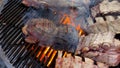 Cook turns the meat on the grill with Fire Flames. American Grill, Frying Fresh Meat Chicken Barbecue Pork Ribs, Kebab Royalty Free Stock Photo