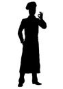 Cook vector silhouette, outline chef standing front side full-length, contour portrait male young human in a chef s form, toque, i