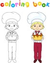 Cook or waiter in their uniform with sweet birthday cake. Coloring book. Game for children Royalty Free Stock Photo