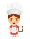 Cook woman, female master chef. Funny cartoon character with big head holding blank clipboard.