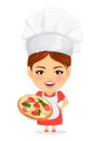 Cook woman, female master chef. Funny cartoon character with big head holding tasty pizza.