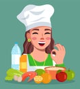 Cook woman showing okay gesture, smiling female and delicious food, cheerful girl wearing hat Royalty Free Stock Photo