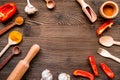 Cook workplace with kitchen tools and rolling-pin wooden background top view mock-up Royalty Free Stock Photo