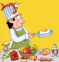 the cook with a yellow background and food colored illustration humorist button or icon for website