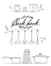 Cookbook cover with hand drawn kitchenware, spice and lettering on a white background