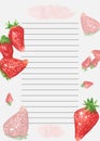 Cookbook page template. The page is lined up. Watercolor recipe page with strawberry decor. Page for culinary book. Page
