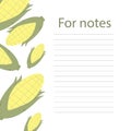 Cookbook page vector template. A place to write recipes. Vector illustration. Corn theme