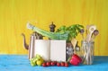 Cookbook, vegetables, kitchen utensils Royalty Free Stock Photo