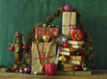 Cookbooks as christmas gift,cooking,culinary,food,reading,literature,christmas,holiday concept.Festive decoration with bell pepper