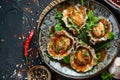 Cooked Abalone Dish, Scallops in Luxury Restaurant, Cooked Seashells, Australian Abalone in Sauce Royalty Free Stock Photo