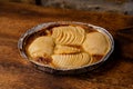 Cooked apple pie on wooden background. Finished semi-finished product