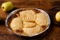 Cooked apple pie on wooden background. Finished semi-finished product