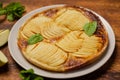 Cooked apple pie on wooden background. Finished semi-finished product