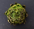 Cooked artichokes on black stone board