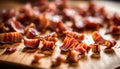 cooked bacon bits on wooden chopping board